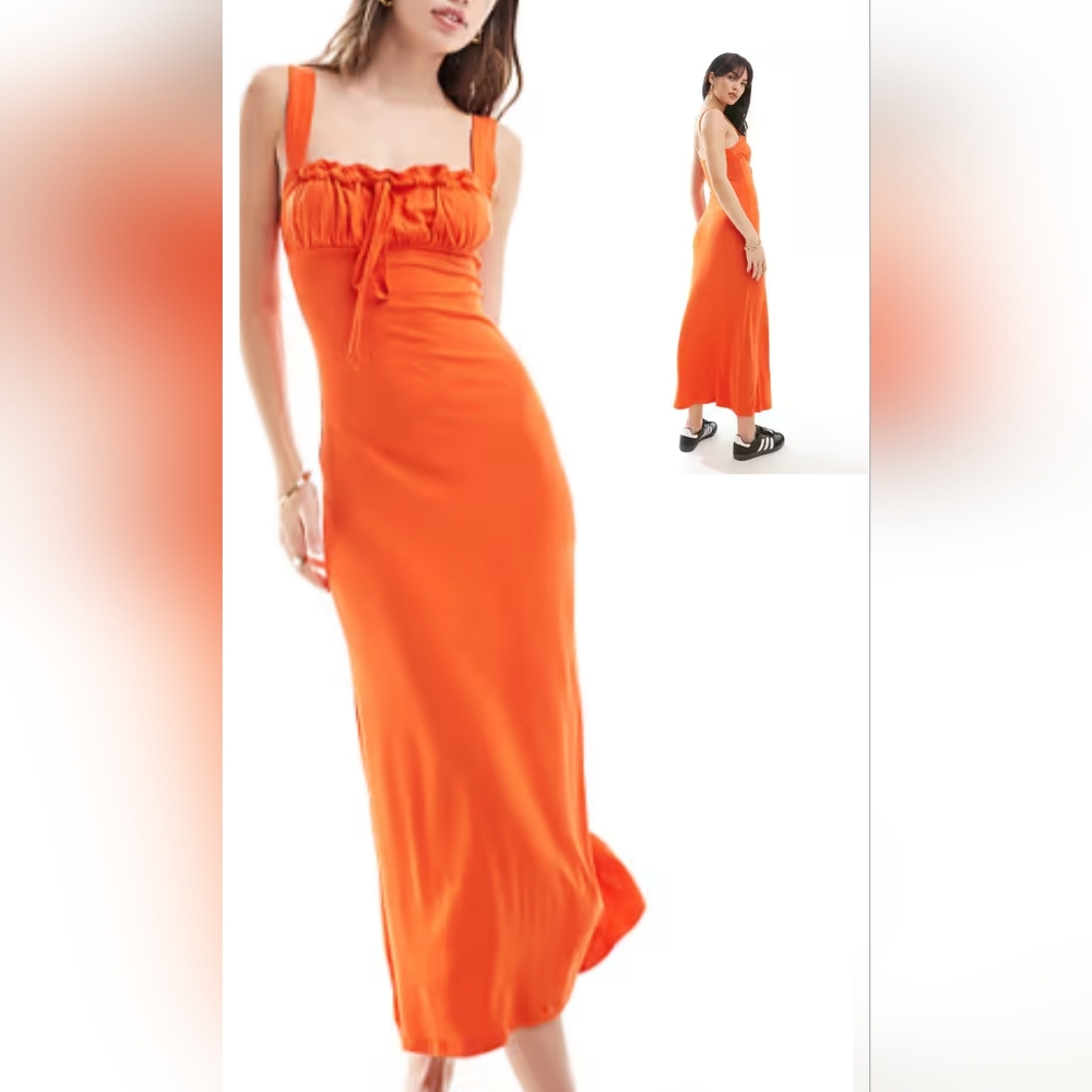 ASOS DESIGN Cami Ruched Bust Midi Dress Red A-Line Fixed Straps Ruffle Sz 10 NWT